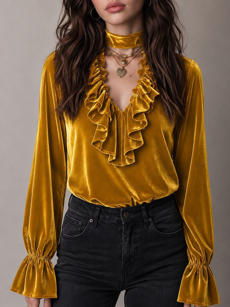 Elegant Solid Color Velvet Long Sleeve Women's Sweatshirt With Ruffles And Tie Closure