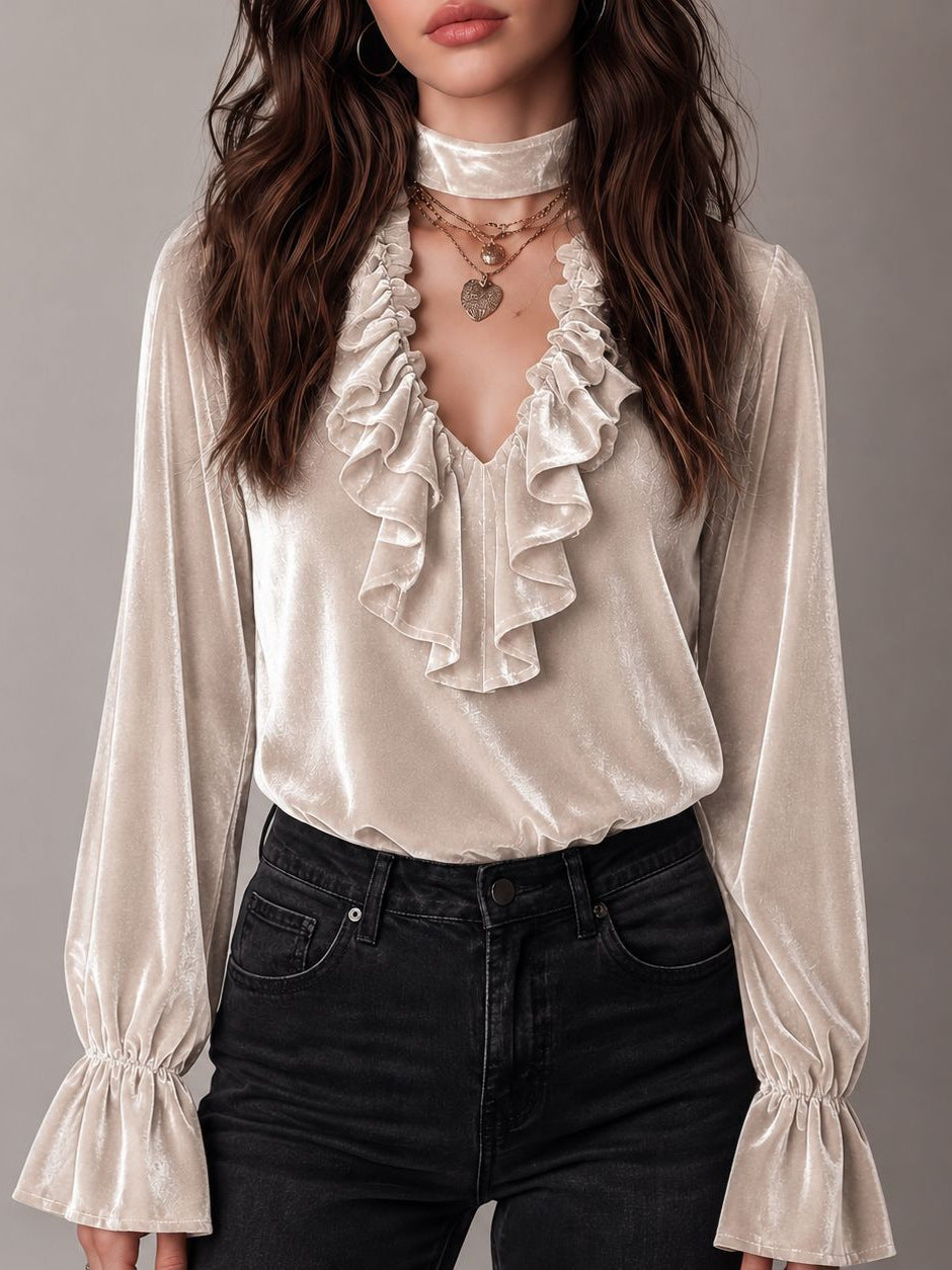 Elegant Solid Color Velvet Long Sleeve Women's Sweatshirt With Ruffles And Tie Closure