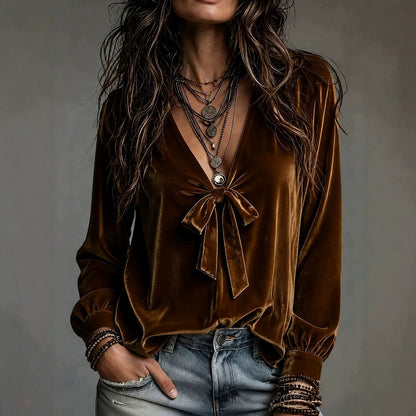 Elegant Solid Color Velvet Long Sleeve Women's Sweatshirt With V Neck And Tie Closure