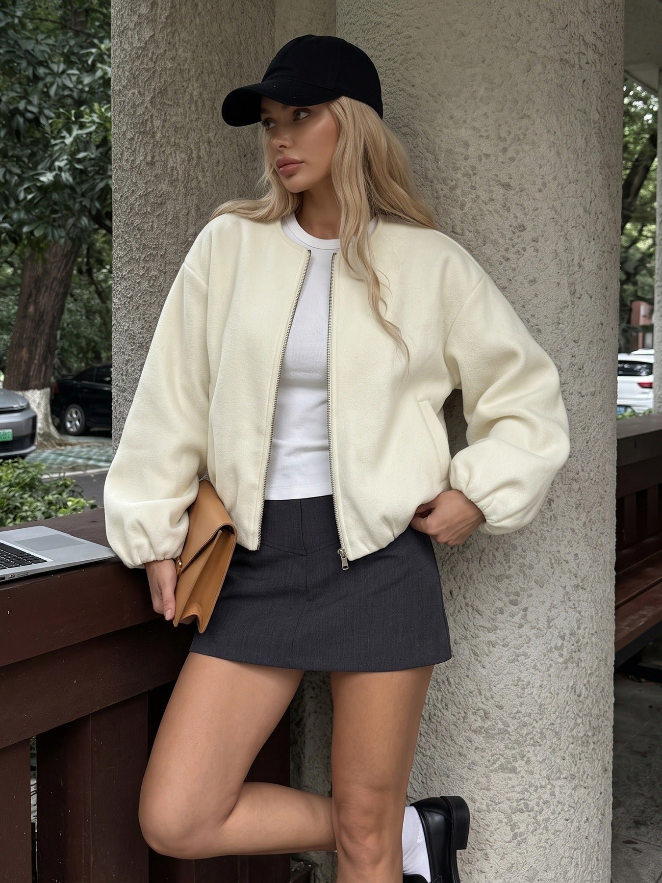 Casual Solid Color Polyester Coat With Zipper Placket, Stylish Casual Jacket For Everyday Wear