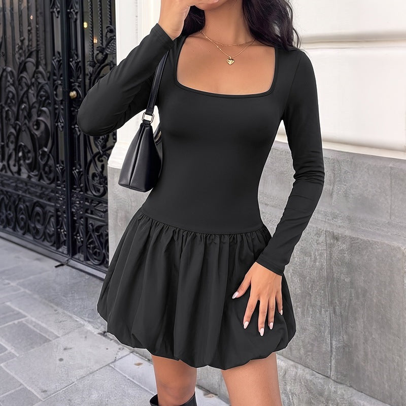 Solid Color Casual Sheath Dress With Long Sleeve And Square Collar, Made Of Comfortable Polyester For Daily Wear