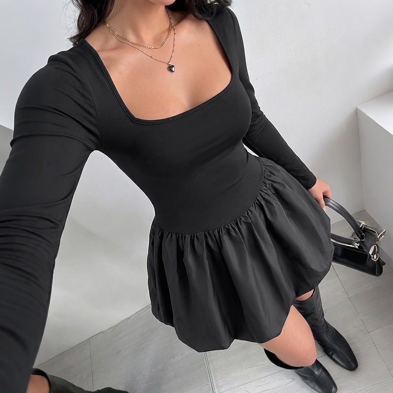 Solid Color Casual Sheath Dress With Long Sleeve And Square Collar, Made Of Comfortable Polyester For Daily Wear