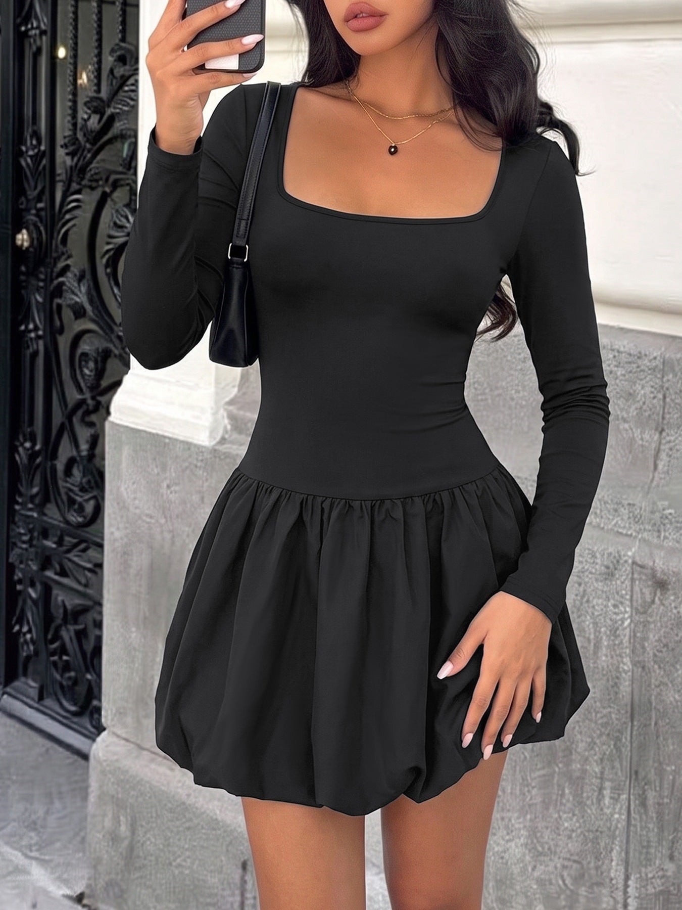 Solid Color Casual Sheath Dress With Long Sleeve And Square Collar, Made Of Comfortable Polyester For Daily Wear