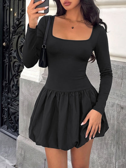 Solid Color Casual Sheath Dress With Long Sleeve And Square Collar, Made Of Comfortable Polyester For Daily Wear