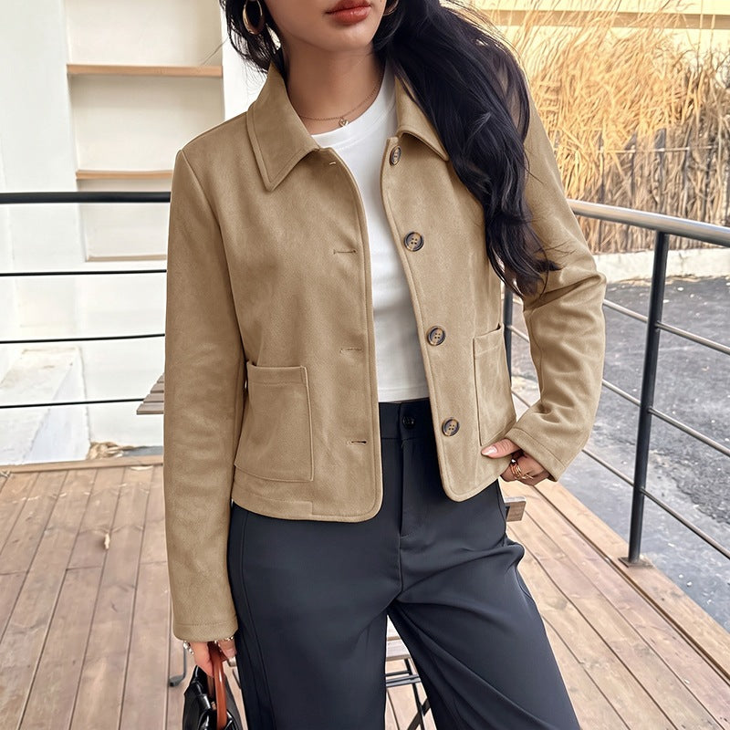 Casual Solid Color Single Breasted Coat For Women In Polyester Fabric With Pocket Detail, Casual Jacket Style