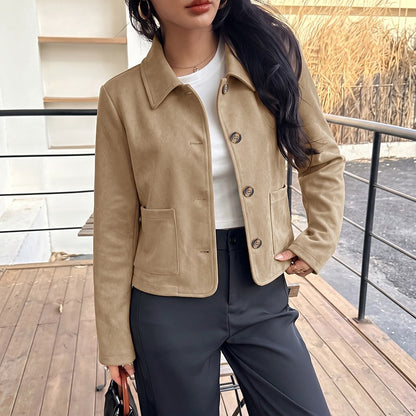 Casual Solid Color Single Breasted Coat For Women In Polyester Fabric With Pocket Detail, Casual Jacket Style