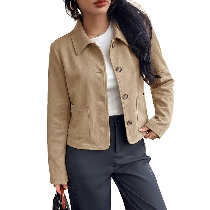 Casual Solid Color Single Breasted Coat For Women In Polyester Fabric With Pocket Detail, Casual Jacket Style