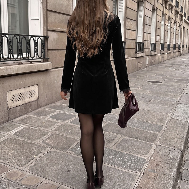 Vintage Style Solid Color Lace Dress With Long Sleeve And V Neck, Casual Wear In Polyester Fabric