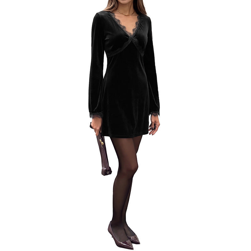 Vintage Style Solid Color Lace Dress With Long Sleeve And V Neck, Casual Wear In Polyester Fabric