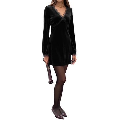 Vintage Style Solid Color Lace Dress With Long Sleeve And V Neck, Casual Wear In Polyester Fabric