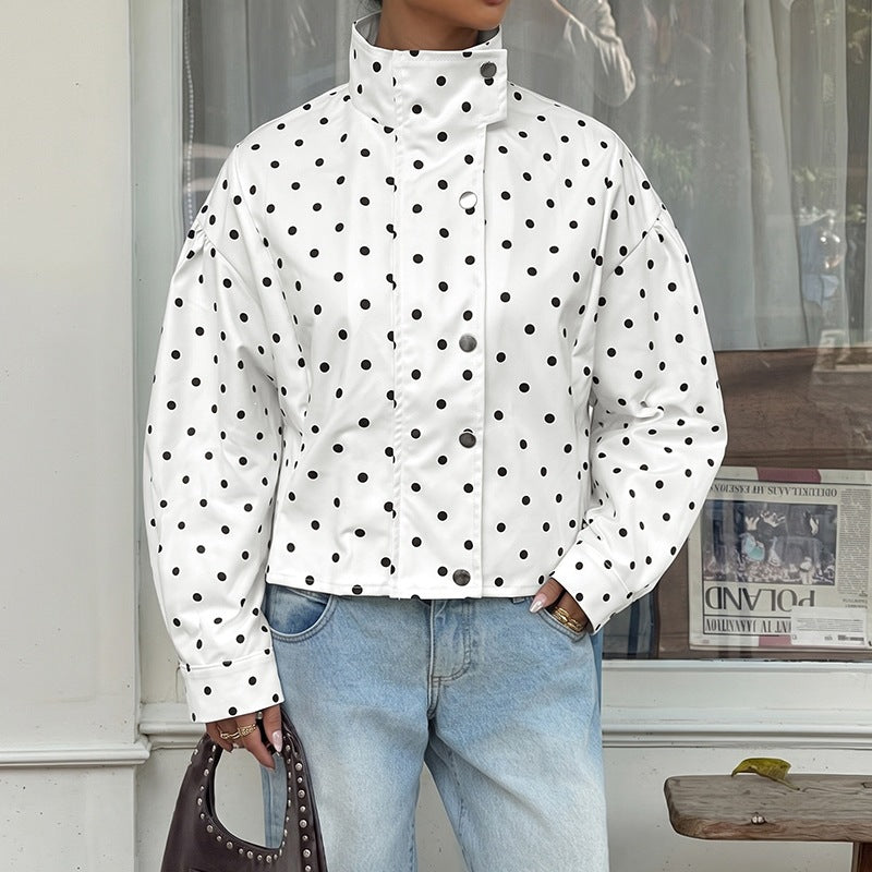 Casual Polka Dots Cardigan Jacket With Zipper Placket In Polyester Fabric Featuring Lapel Collar