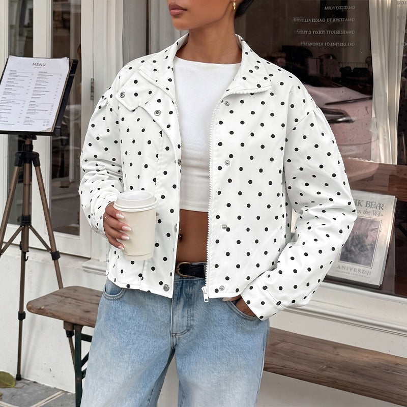 Casual Polka Dots Cardigan Jacket With Zipper Placket In Polyester Fabric Featuring Lapel Collar
