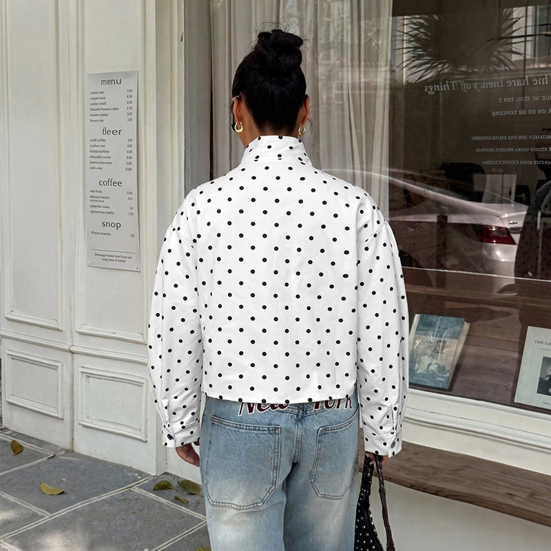 Casual Polka Dots Cardigan Jacket With Zipper Placket In Polyester Fabric Featuring Lapel Collar