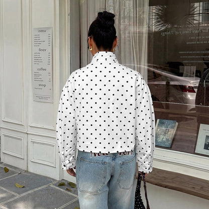 Casual Polka Dots Cardigan Jacket With Zipper Placket In Polyester Fabric Featuring Lapel Collar
