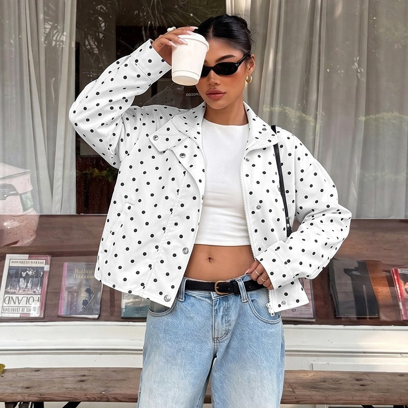 Casual Polka Dots Cardigan Jacket With Zipper Placket In Polyester Fabric Featuring Lapel Collar