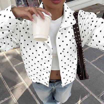 Casual Polka Dots Cardigan Jacket With Zipper Placket In Polyester Fabric Featuring Lapel Collar
