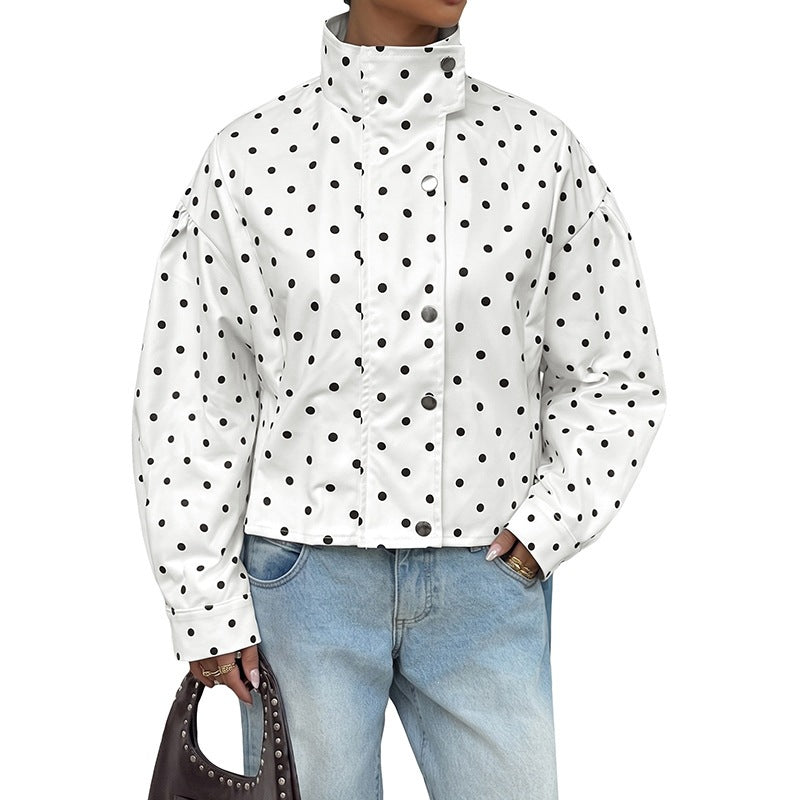 Casual Polka Dots Cardigan Jacket With Zipper Placket In Polyester Fabric Featuring Lapel Collar