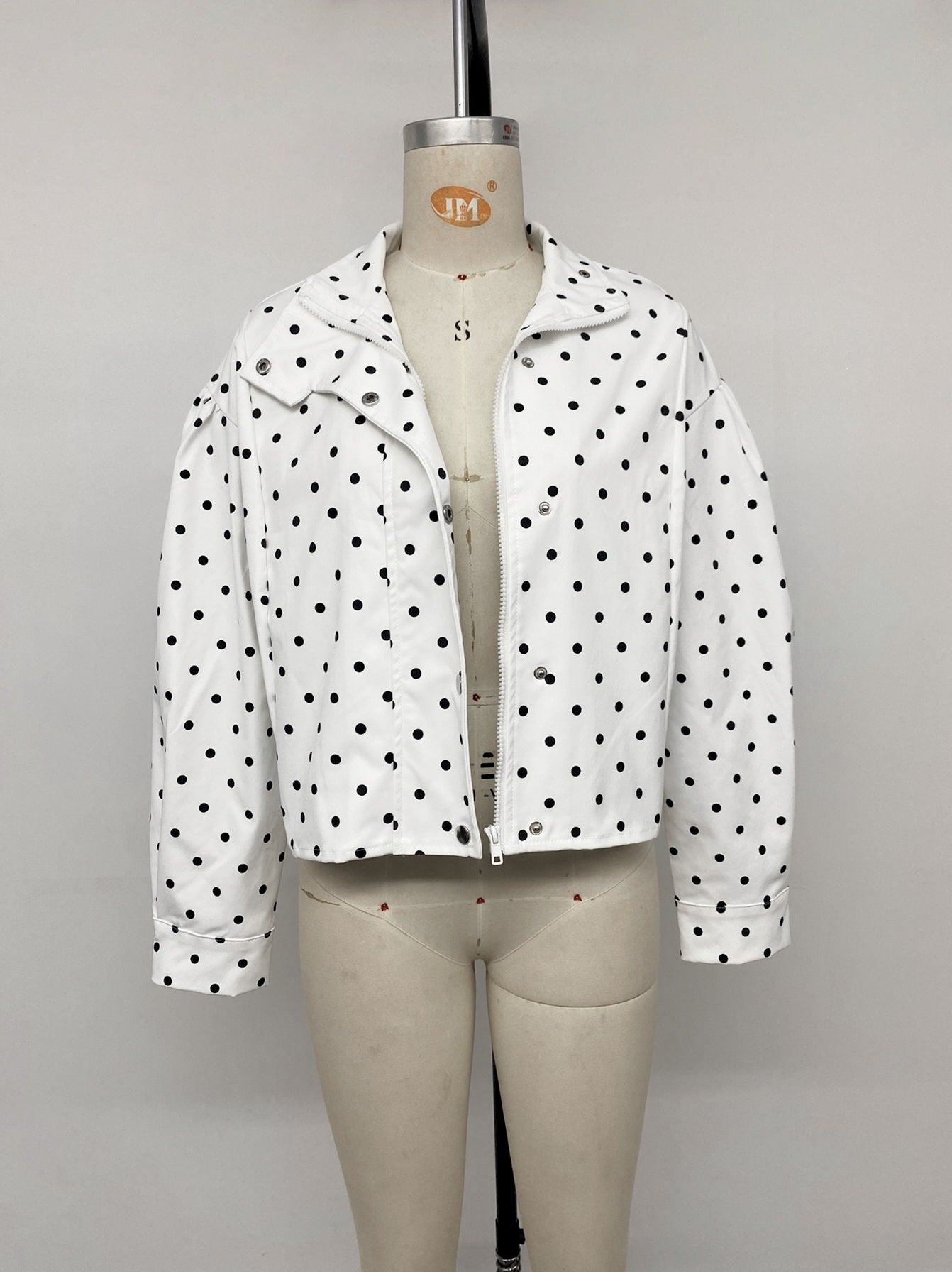 Casual Polka Dots Cardigan Jacket With Zipper Placket In Polyester Fabric Featuring Lapel Collar