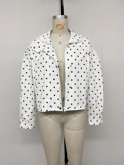 Casual Polka Dots Cardigan Jacket With Zipper Placket In Polyester Fabric Featuring Lapel Collar