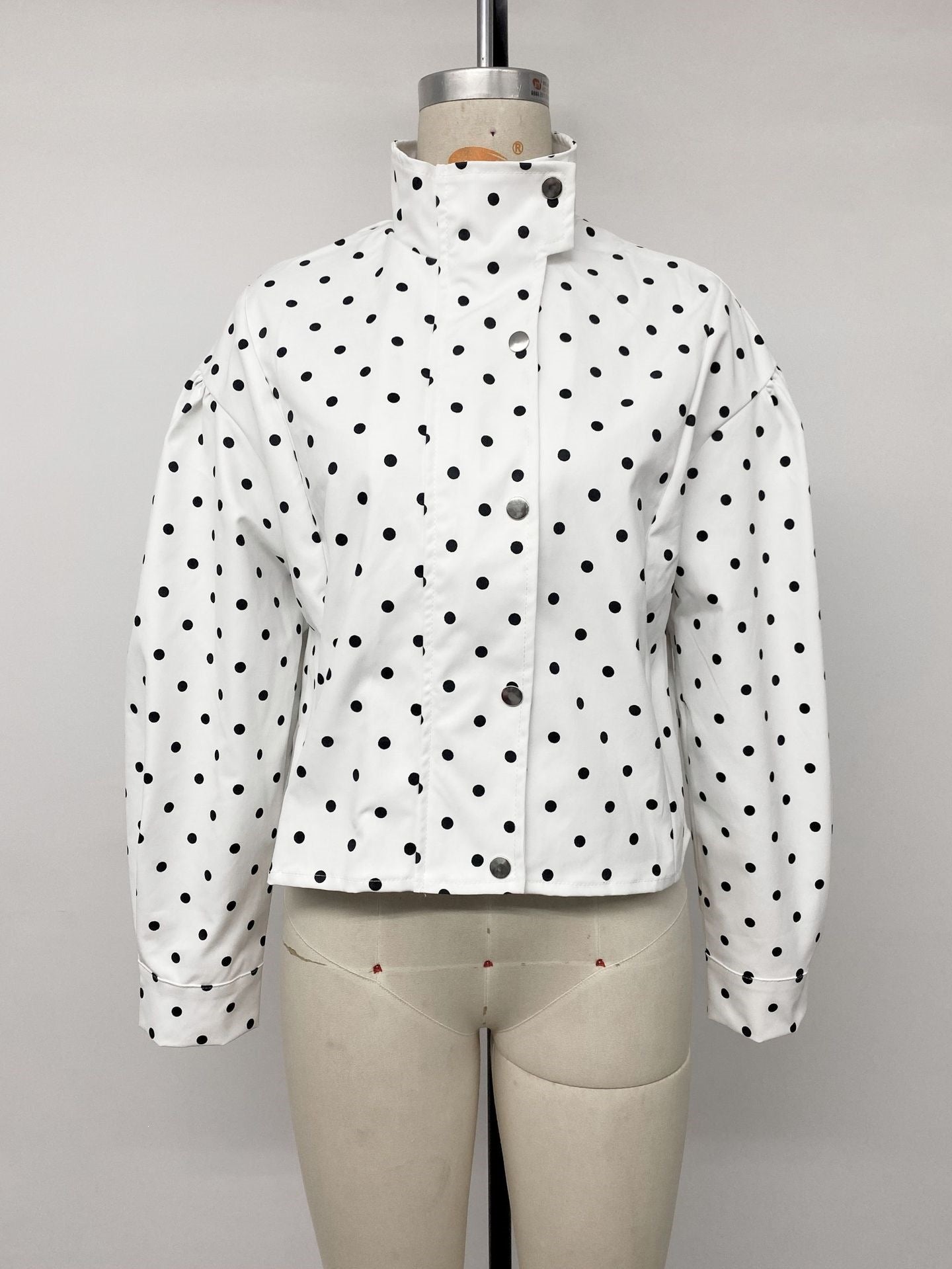 Casual Polka Dots Cardigan Jacket With Zipper Placket In Polyester Fabric Featuring Lapel Collar