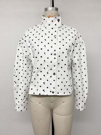 Casual Polka Dots Cardigan Jacket With Zipper Placket In Polyester Fabric Featuring Lapel Collar