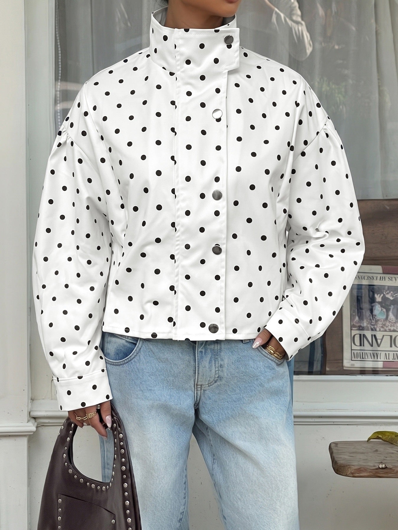 Casual Polka Dots Cardigan Jacket With Zipper Placket In Polyester Fabric Featuring Lapel Collar
