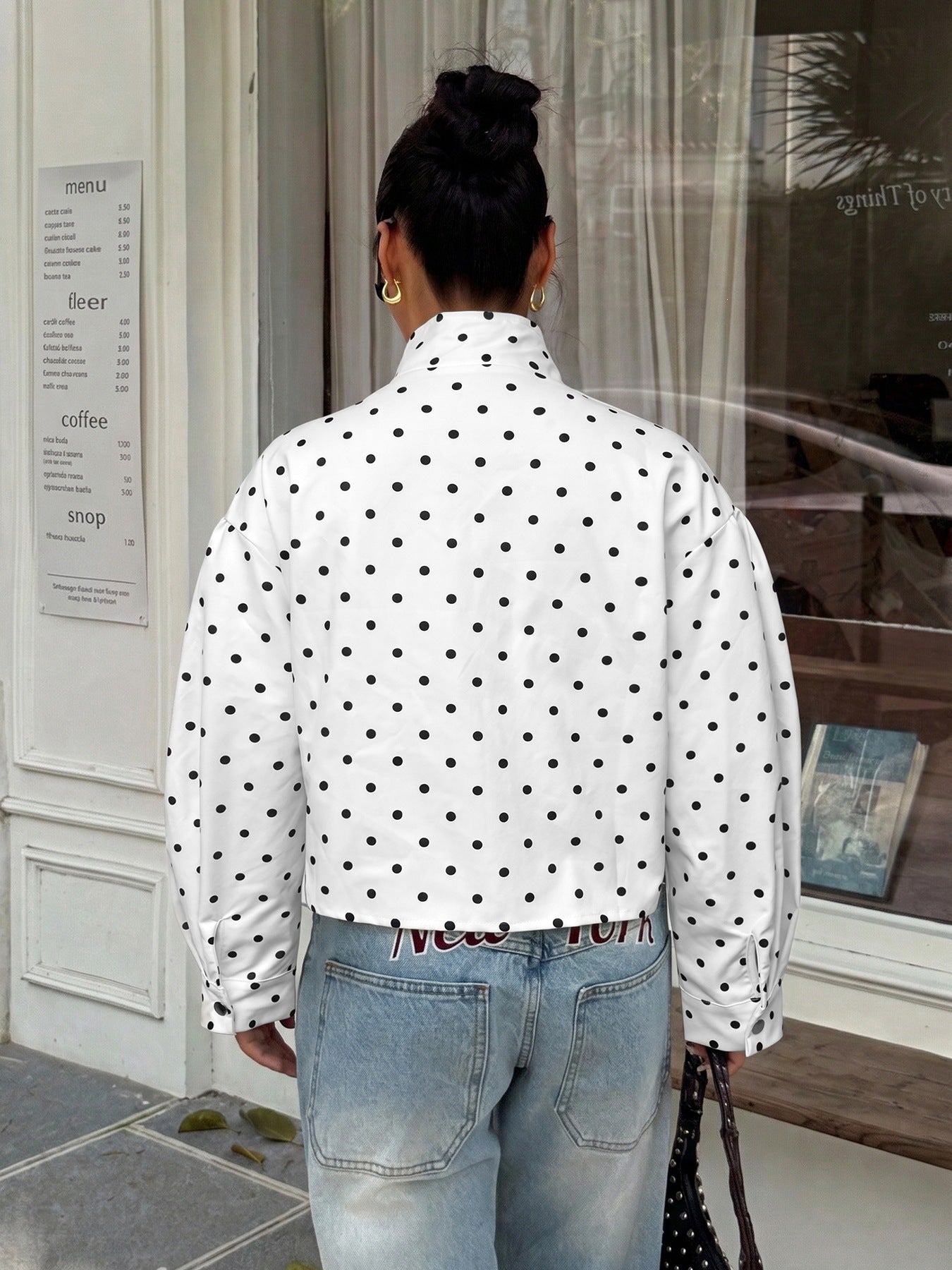 Casual Polka Dots Cardigan Jacket With Zipper Placket In Polyester Fabric Featuring Lapel Collar