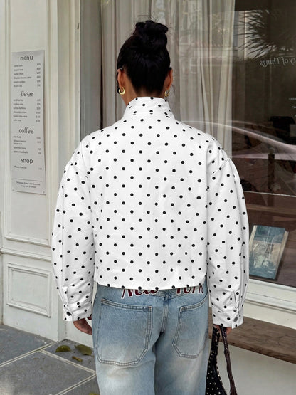 Casual Polka Dots Cardigan Jacket With Zipper Placket In Polyester Fabric Featuring Lapel Collar
