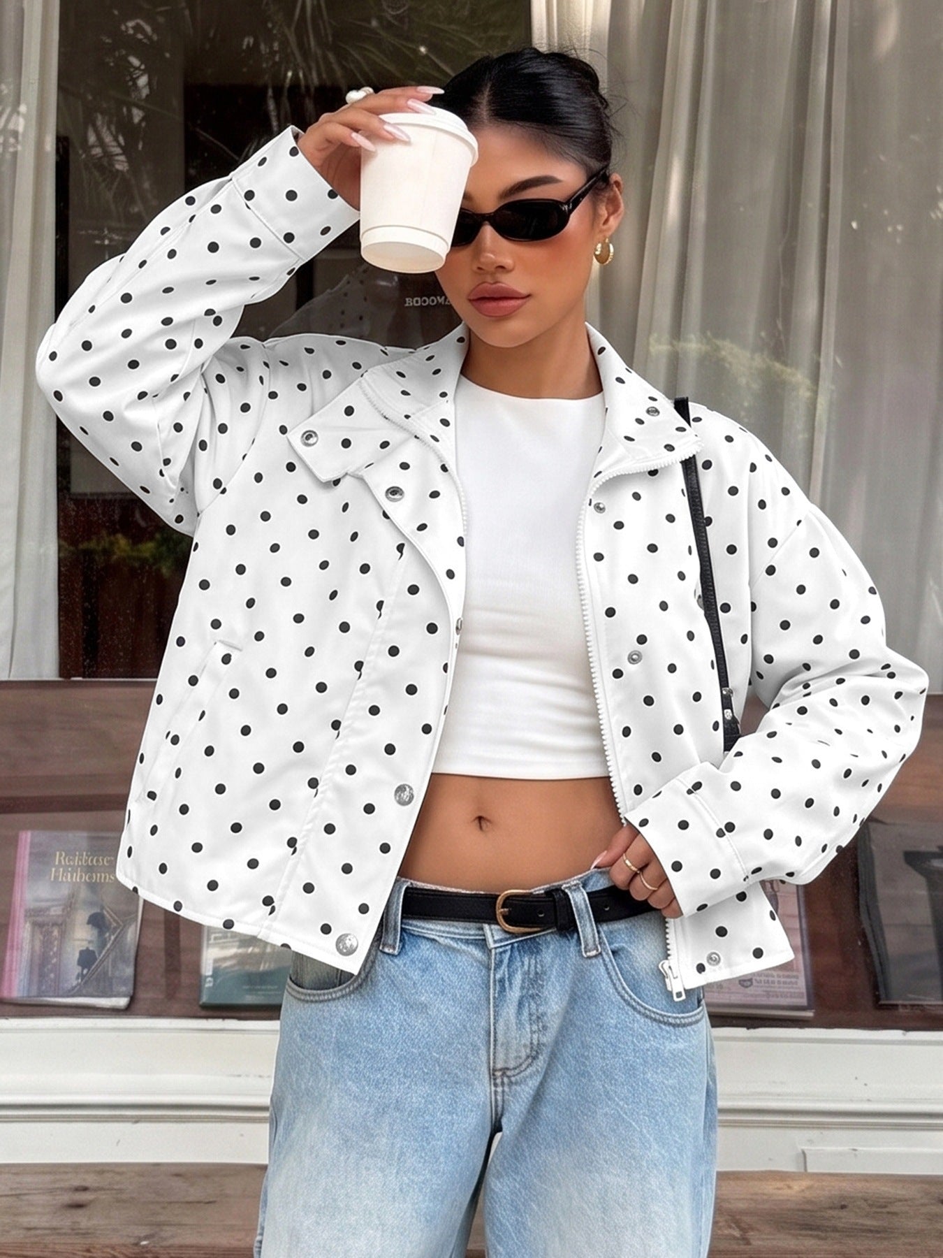 Casual Polka Dots Cardigan Jacket With Zipper Placket In Polyester Fabric Featuring Lapel Collar