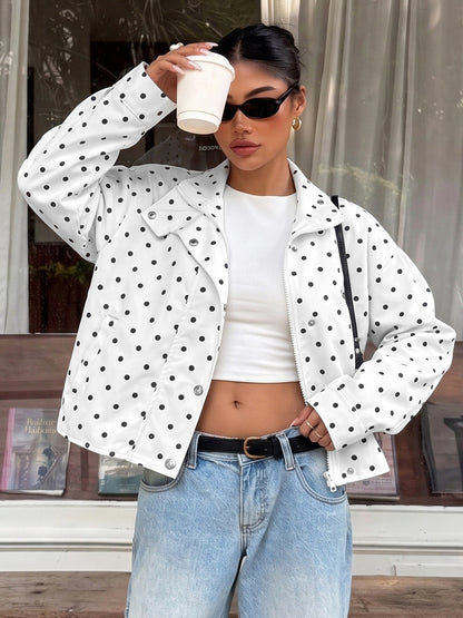 Casual Polka Dots Cardigan Jacket With Zipper Placket In Polyester Fabric Featuring Lapel Collar