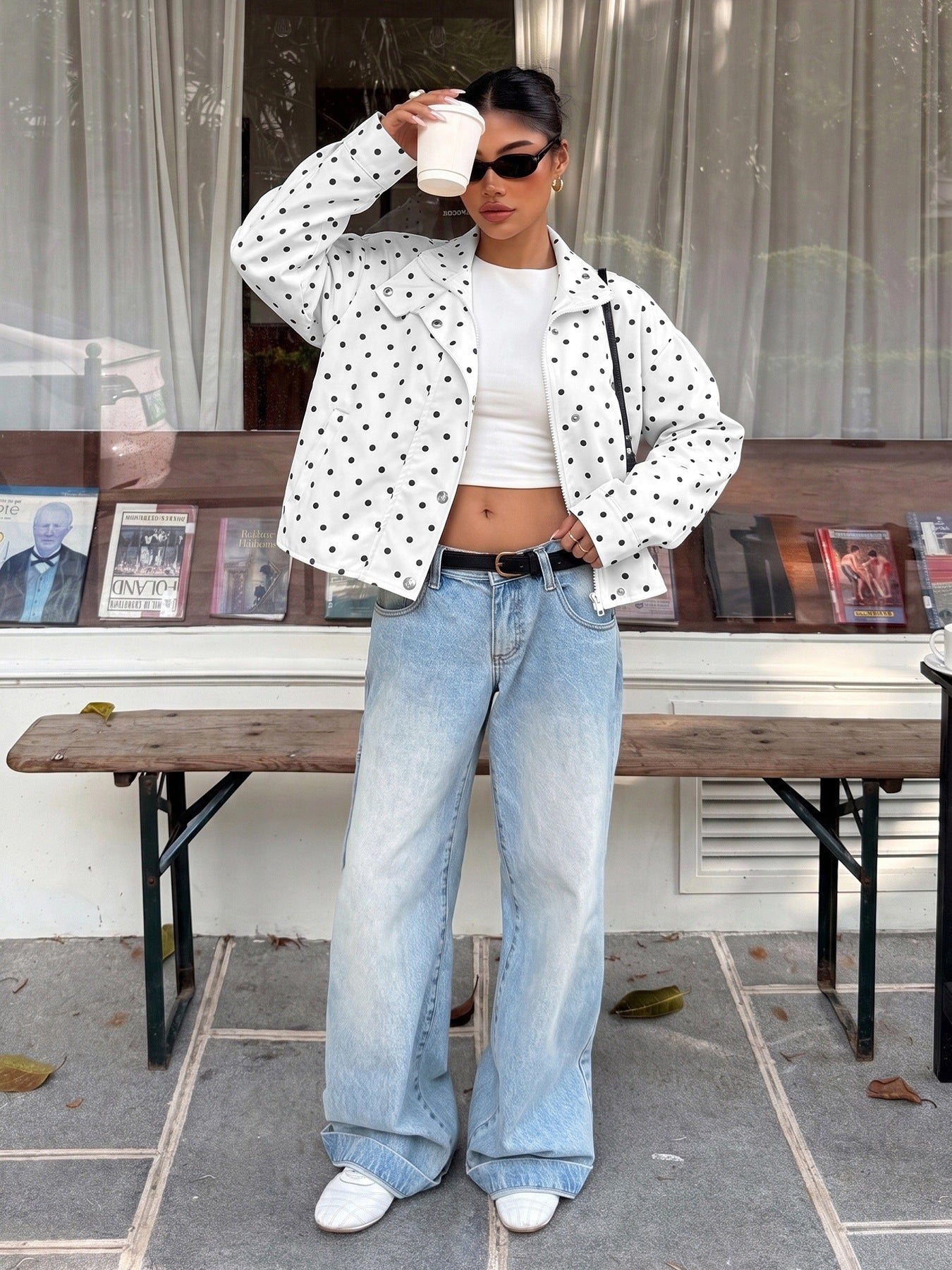 Casual Polka Dots Cardigan Jacket With Zipper Placket In Polyester Fabric Featuring Lapel Collar