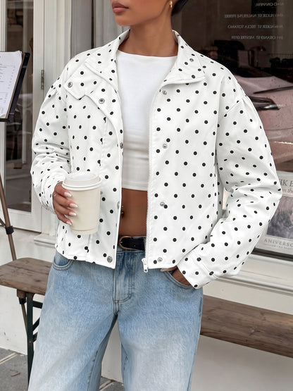 Casual Polka Dots Cardigan Jacket With Zipper Placket In Polyester Fabric Featuring Lapel Collar