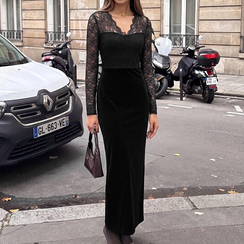 Vintage Style Lace Velvet Dress With Long Sleeve And V Neck, Perfect For Date Nights
