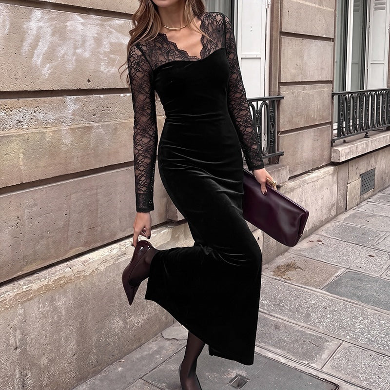 Vintage Style Lace Velvet Dress With Long Sleeve And V Neck, Perfect For Date Nights