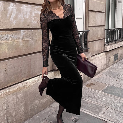 Vintage Style Lace Velvet Dress With Long Sleeve And V Neck, Perfect For Date Nights