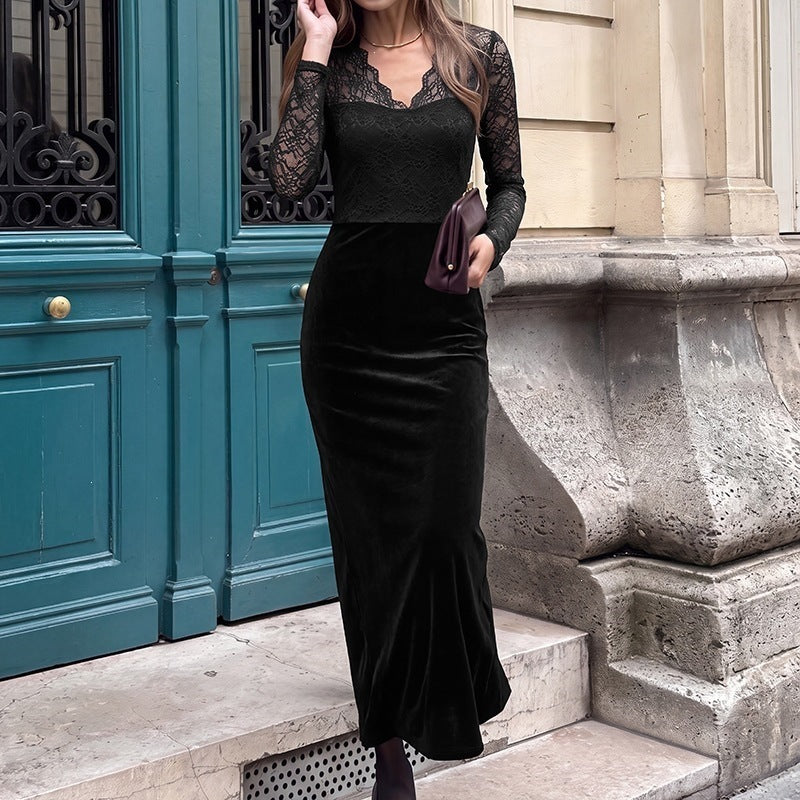 Vintage Style Lace Velvet Dress With Long Sleeve And V Neck, Perfect For Date Nights