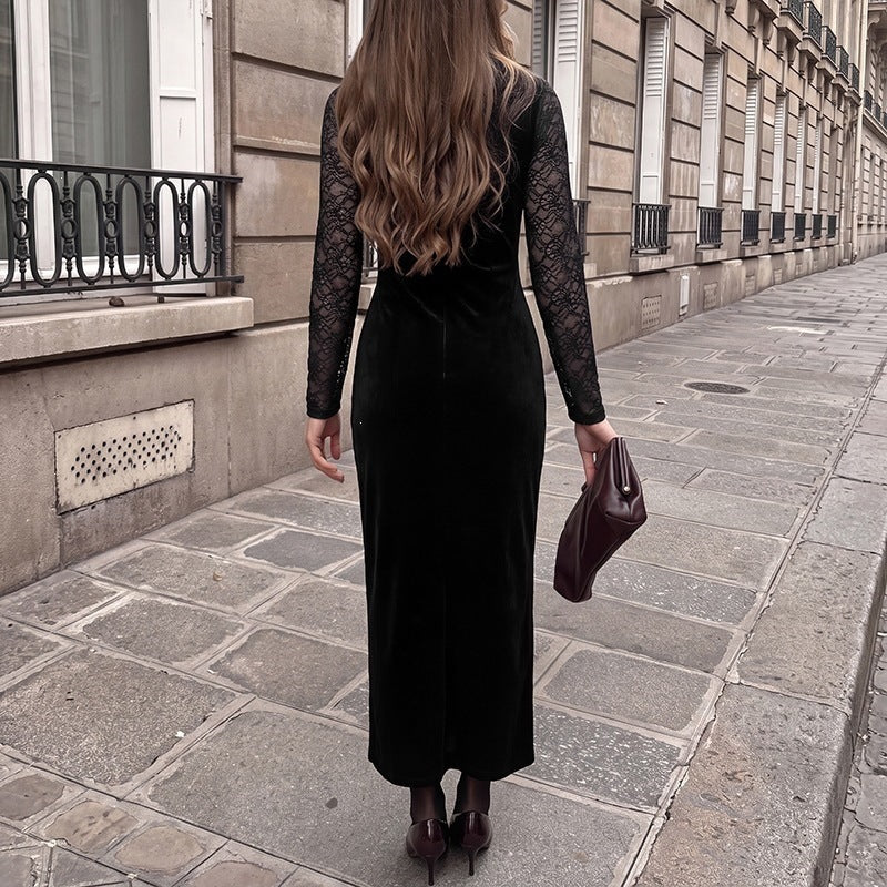 Vintage Style Lace Velvet Dress With Long Sleeve And V Neck, Perfect For Date Nights