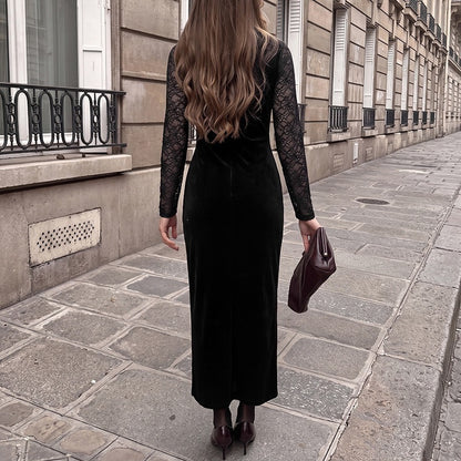 Vintage Style Lace Velvet Dress With Long Sleeve And V Neck, Perfect For Date Nights