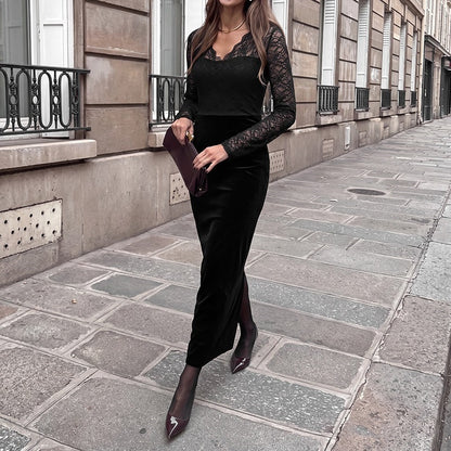Vintage Style Lace Velvet Dress With Long Sleeve And V Neck, Perfect For Date Nights