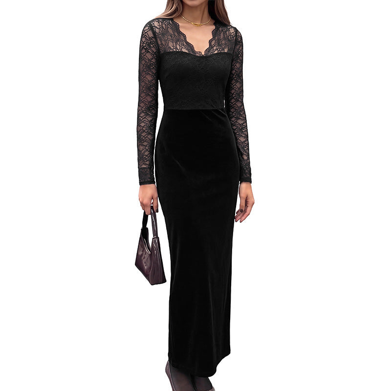 Vintage Style Lace Velvet Dress With Long Sleeve And V Neck, Perfect For Date Nights