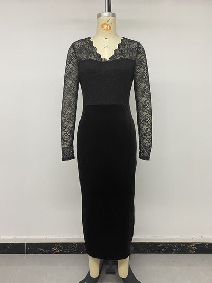 Vintage Style Lace Velvet Dress With Long Sleeve And V Neck, Perfect For Date Nights
