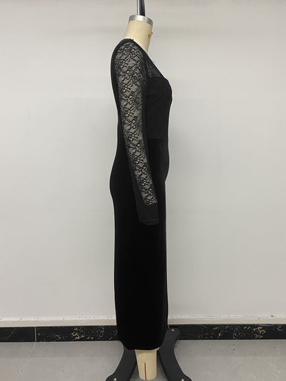 Vintage Style Lace Velvet Dress With Long Sleeve And V Neck, Perfect For Date Nights
