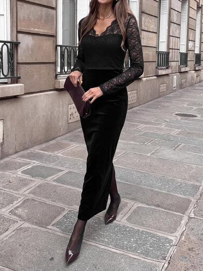 Vintage Style Lace Velvet Dress With Long Sleeve And V Neck, Perfect For Date Nights