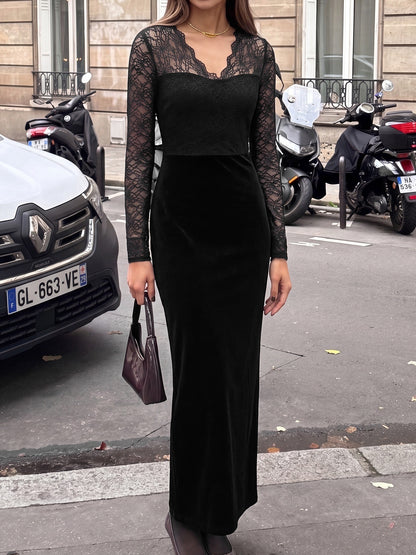 Vintage Style Lace Velvet Dress With Long Sleeve And V Neck, Perfect For Date Nights