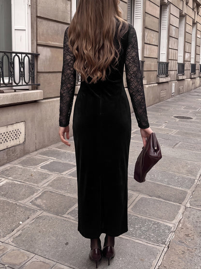 Vintage Style Lace Velvet Dress With Long Sleeve And V Neck, Perfect For Date Nights