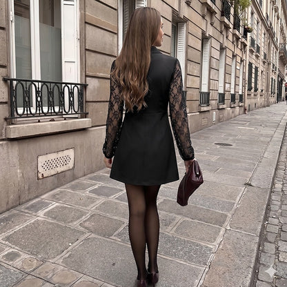 Elegant Solid Color Lace Dress With Long Sleeve In Polyester Fabric, Above Knee Length For Business Occasion