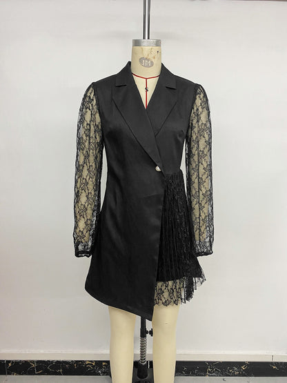 Elegant Solid Color Lace Dress With Long Sleeve In Polyester Fabric, Above Knee Length For Business Occasion