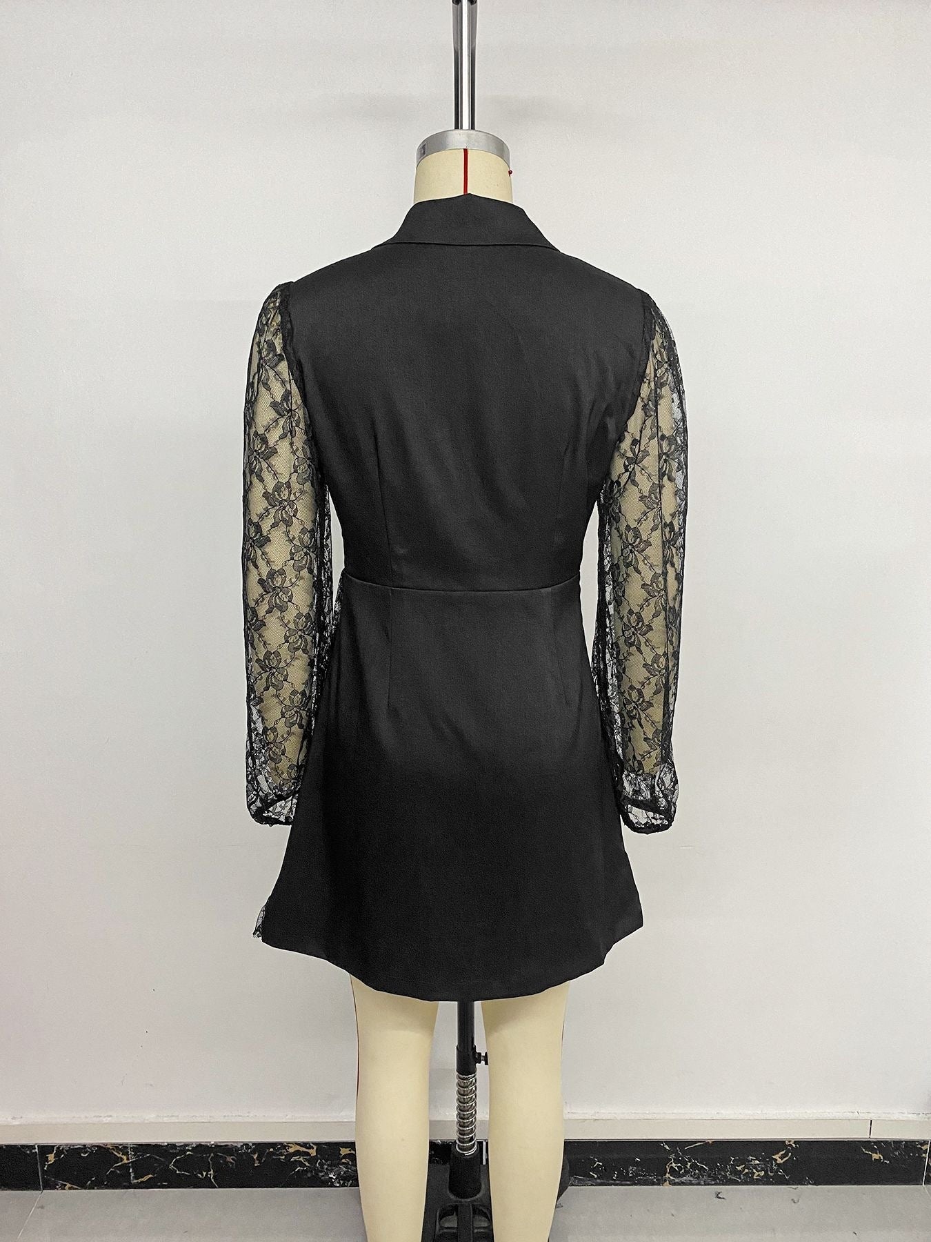 Elegant Solid Color Lace Dress With Long Sleeve In Polyester Fabric, Above Knee Length For Business Occasion