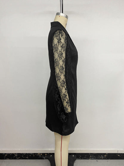 Elegant Solid Color Lace Dress With Long Sleeve In Polyester Fabric, Above Knee Length For Business Occasion