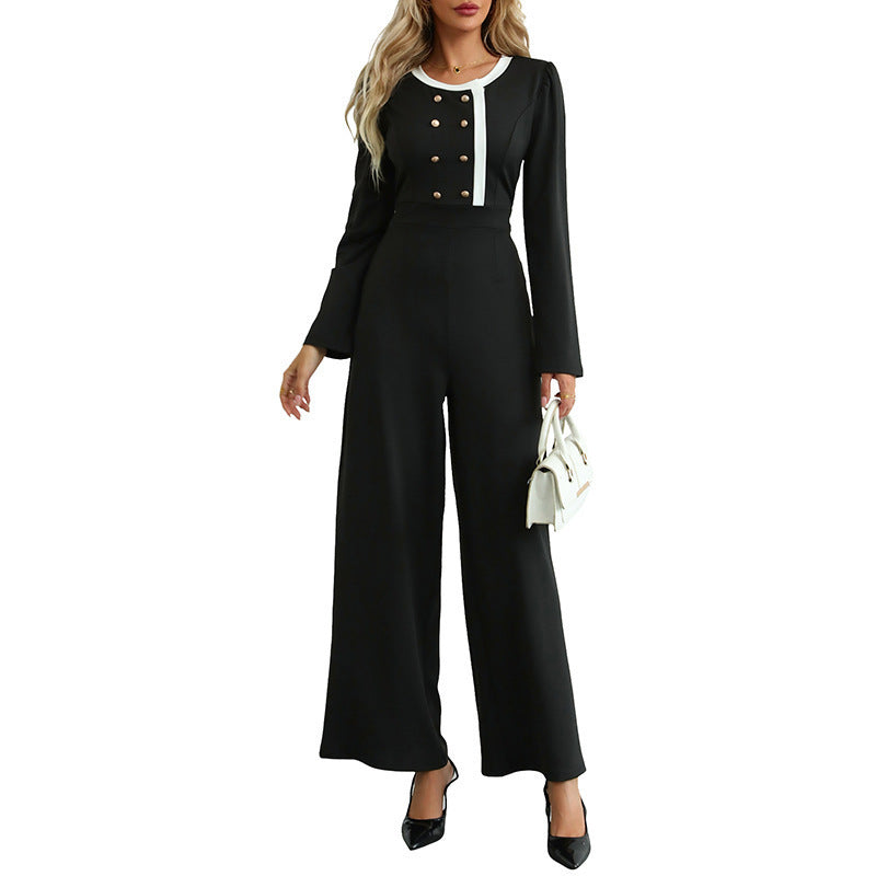 Color Block Full Length Jumpsuit For Women In Twilled Satin Fabric With Double Breasted Design And High Elasticity